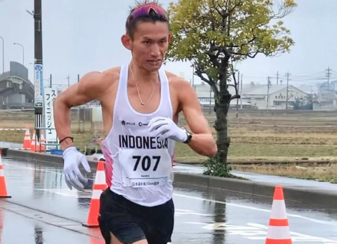 Tim Jalan Cepat Indonesia tampil di Asian 20km Race Walking Championships 2025, di Nomi, Ishikawa, Jepang, pada 16 Maret. (Jawapos.com)
