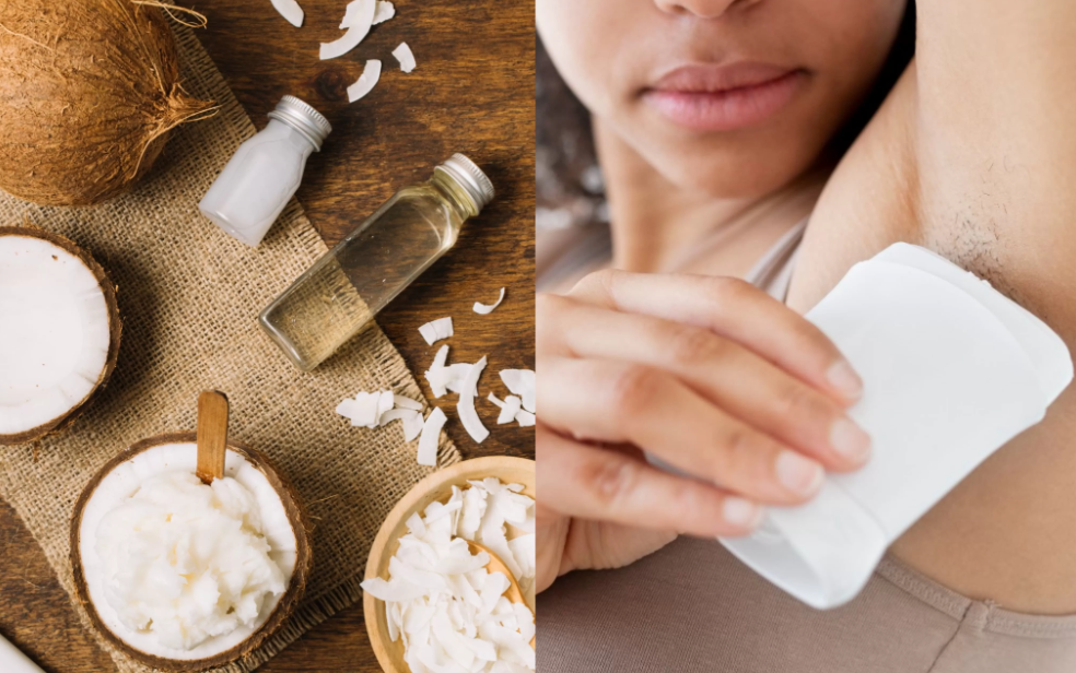 Ilustrasi minyak kelapa yang merupakan salah satu bahan deodoran alami dan penggunaan deodoran alami pada ketiak. (Freepik)