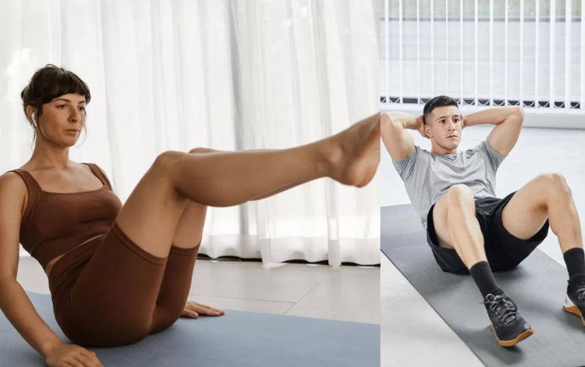 ILUSTRASI: Gerakan sitting leg ups (kiri) dan crunches biasa (kanan) untuk mengencangkan perut. (Freepik)