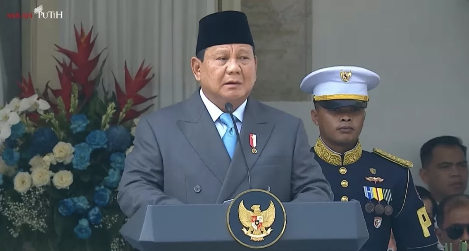 Presiden Prabowo Subianto saat menyampaikan sambutan dalam Upacara Peringatan Hari Lahir Pancasila di Halaman Gedung Pancasila, Jakarta, Senin (2/6). (Istimewa)