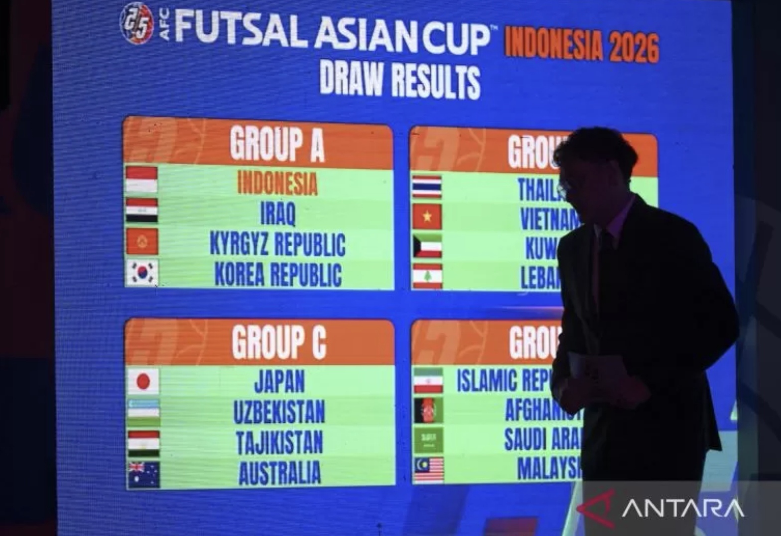 Layar menampilkan hasil pengundian (drawing) pembagian grup Piala Asia Futsal AFC 2026 di Jakarta, Rabu (5/11/2025). (ANTARA)