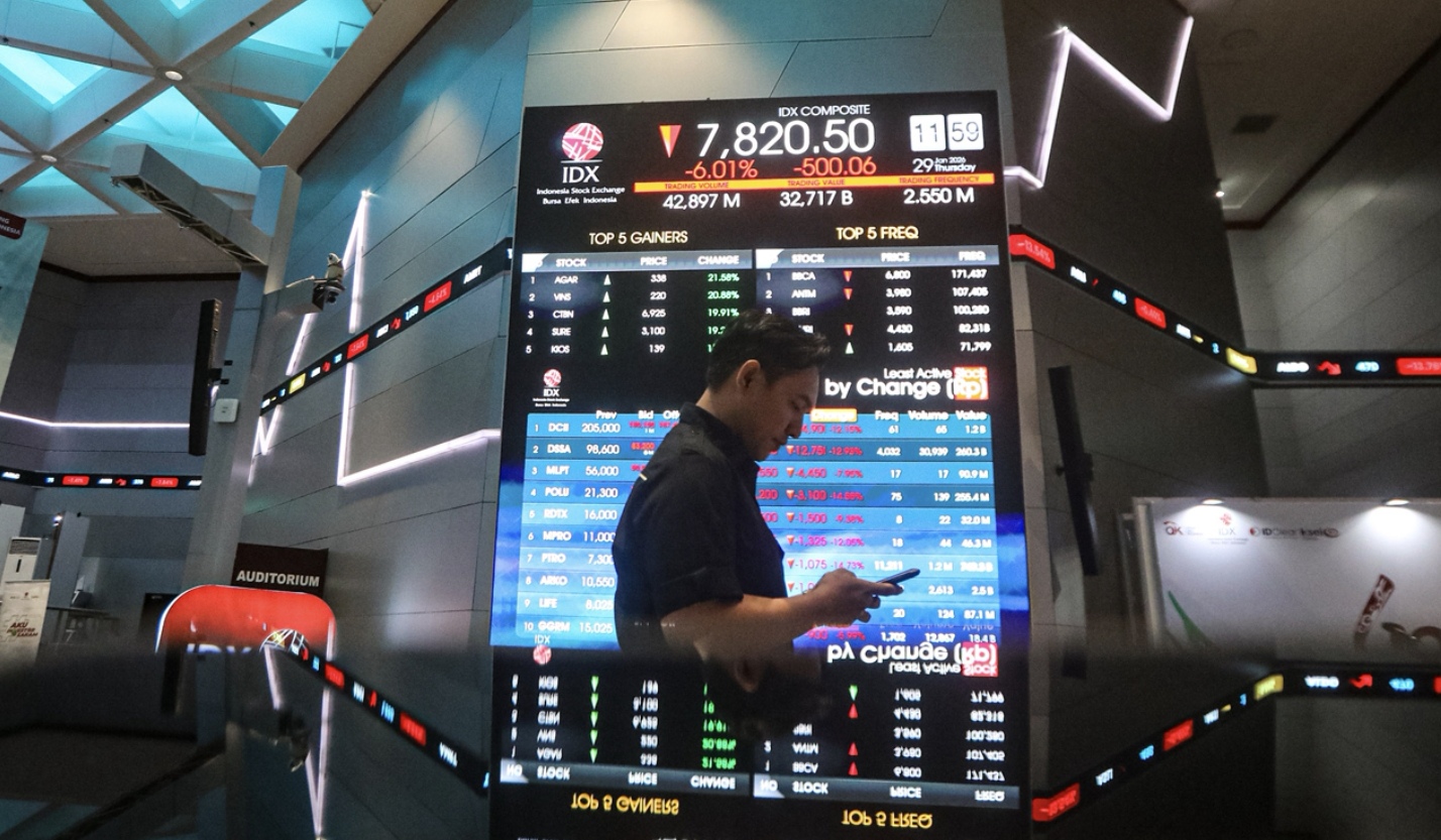 Pegawai berada di depan layar digital pergerakan Indeks Harga Saham Gabungan (IHSG) di Bursa Efek Indonesia, Jakarta, Kamis (29/1/2026). (Salman Toyibi/Jawa Pos