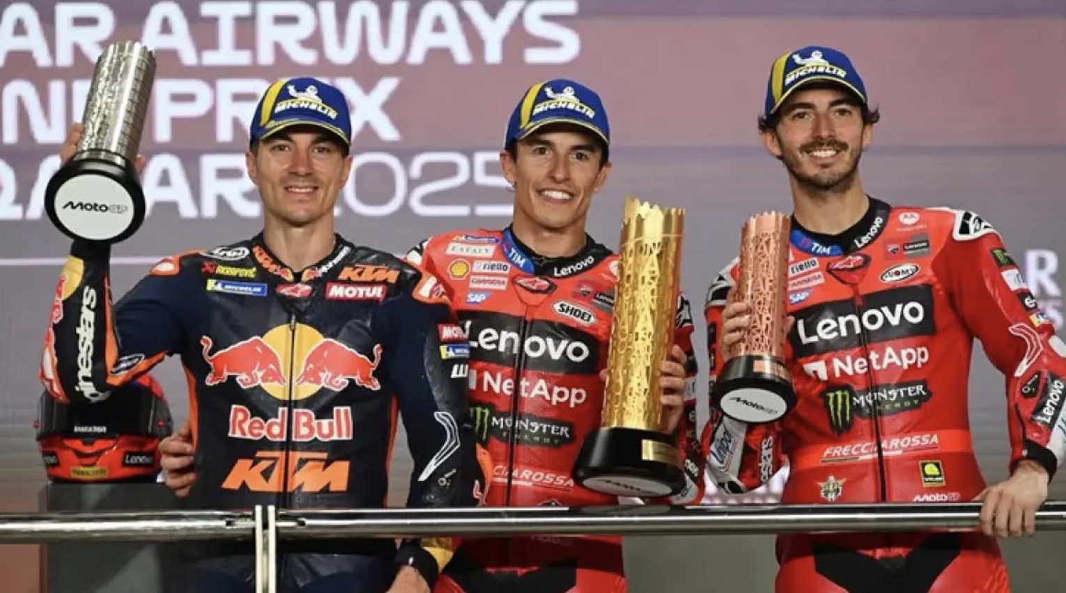 Maverick Vinales, Marc Marquez dan Francesco Bagnaia saat berhasil Podium di GP Qatar 2025 (Instagram @gpindonesia.id)