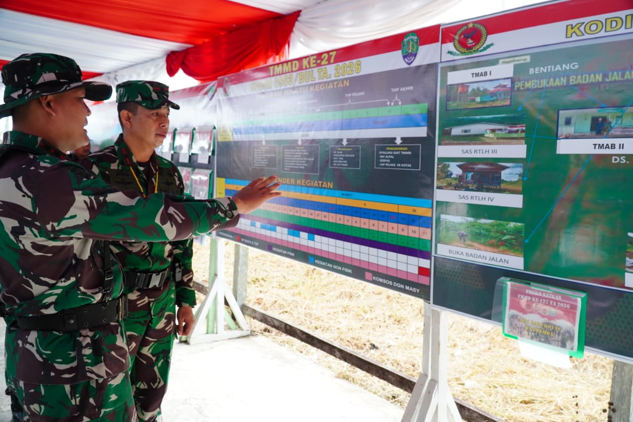 PENINJAUAN: Danrem 092/Maharajalila Mohammad Sjahroni (kiri) melihat progress pembukaan lahan pangan seluas satu hektare dalam pelaksanaan TMMD di Desa Salimbatu, Kecamatan Tanjung Palas Tengah. 