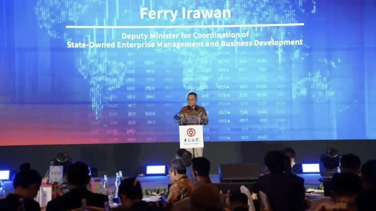 Deputi Bidang Koordinasi Pengelolaan dan Pengembangan Usaha BUMN Kementerian Koordinator Bidang Perekonomian Ferry Irawan dalam agenda “Bank of China Multilateral Business Dialogue”, di Jakarta, Jumat (10/4/2026). (ANTARA)