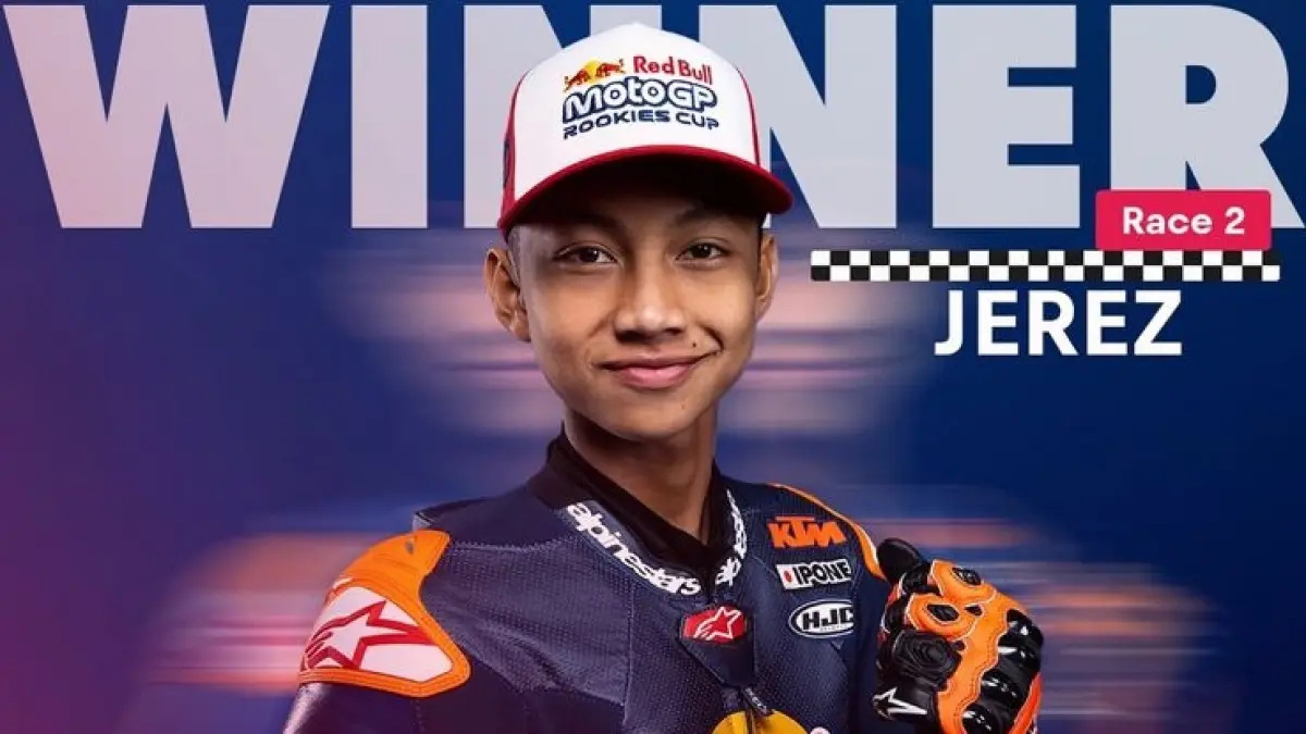 Kiandra Ramadhipa juara di Race 2 Red Bull MotoGP Rookies Cup 2026 di Sirkuit Jerez. (Instagram: @Redbullrokiescup)

