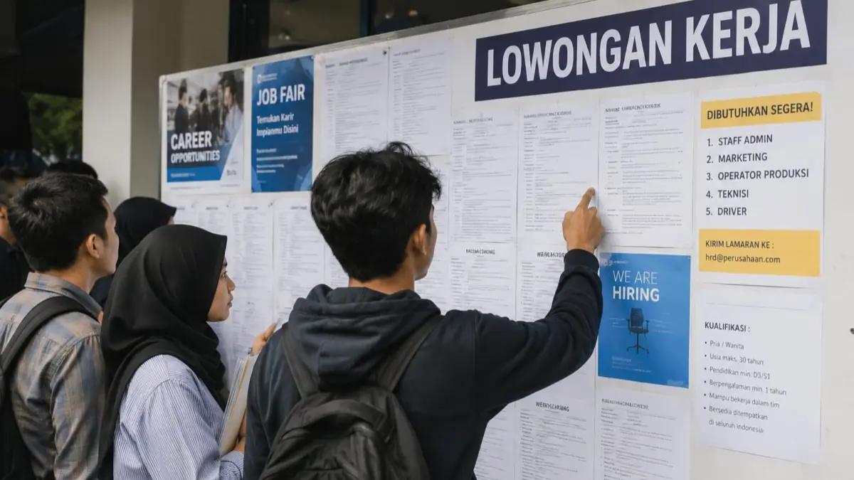 ILUSTRASI: Para pencari kerja mencari info loker di papan pengumuman. (BERAU POST)