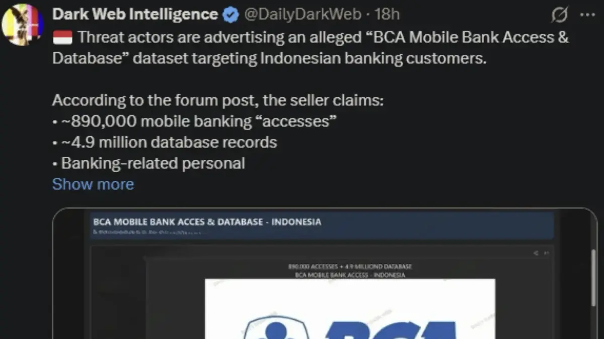 Ilustrasi hacker mengklaim memiliki data BCA yang bocor di dark web. (Reddit).