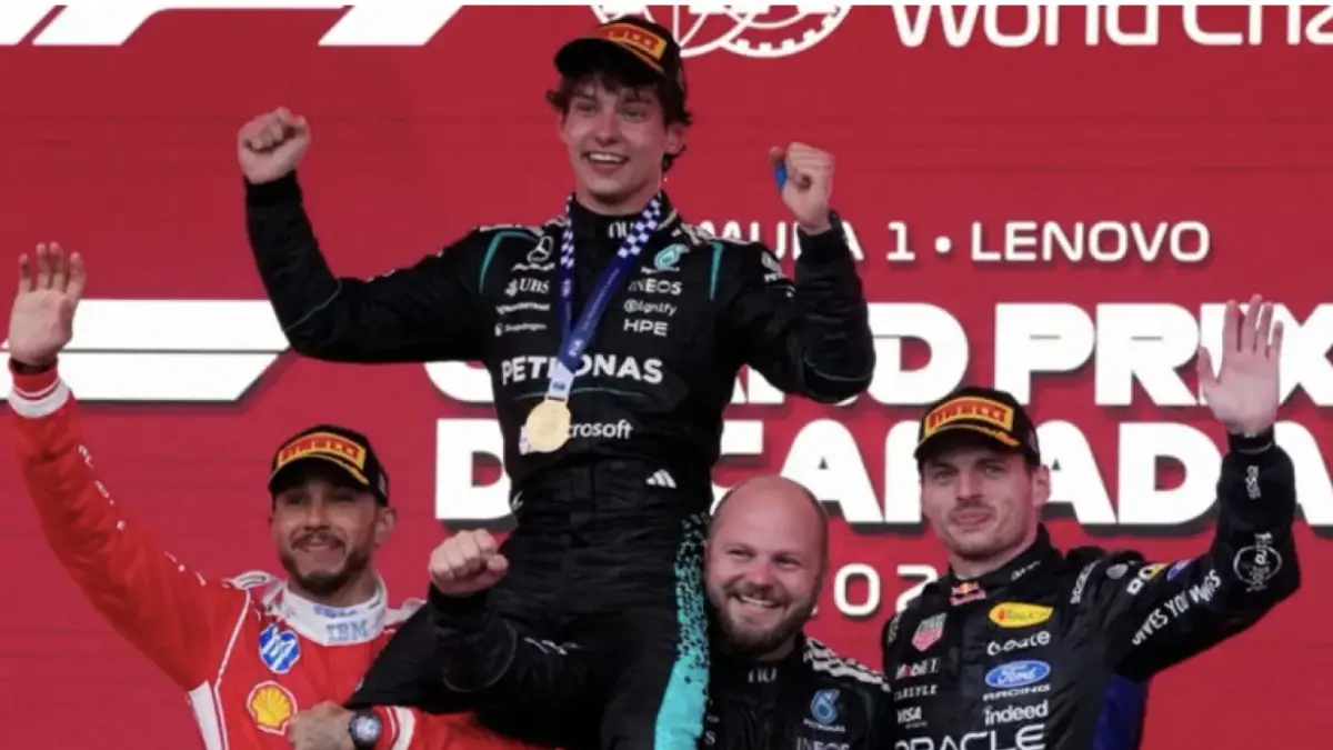 Lewis Hamilton, Kimi Antonelli dan Max Verstappen (Bein Sports)