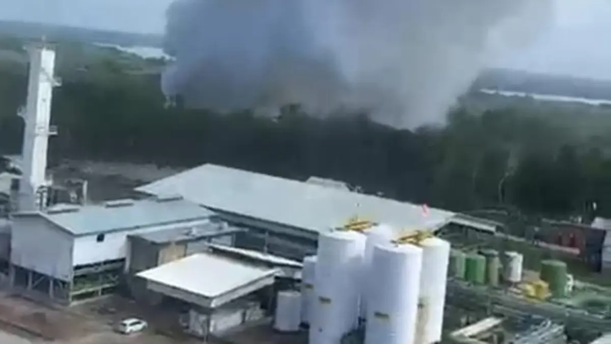 ASAP TEBAL: Kepulan asap putih membumbung tinggi di area PT Kiani Kertas Nusantara, asap diduga berasal dari kebakaran eks workshop perusahaan. (DISASTER UNTUK BERAU POST)