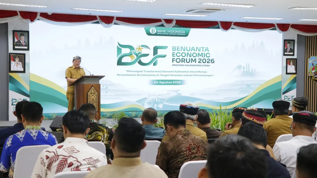 FORUM EKONOMI: Wagub Kaltara, Ingkong Ala,.secara resmi membuka Benuanta Economic Forum 2026 di Aula Kantor Gubernur Kaltara, Selasa (4/8). (DKISP KALTARA)