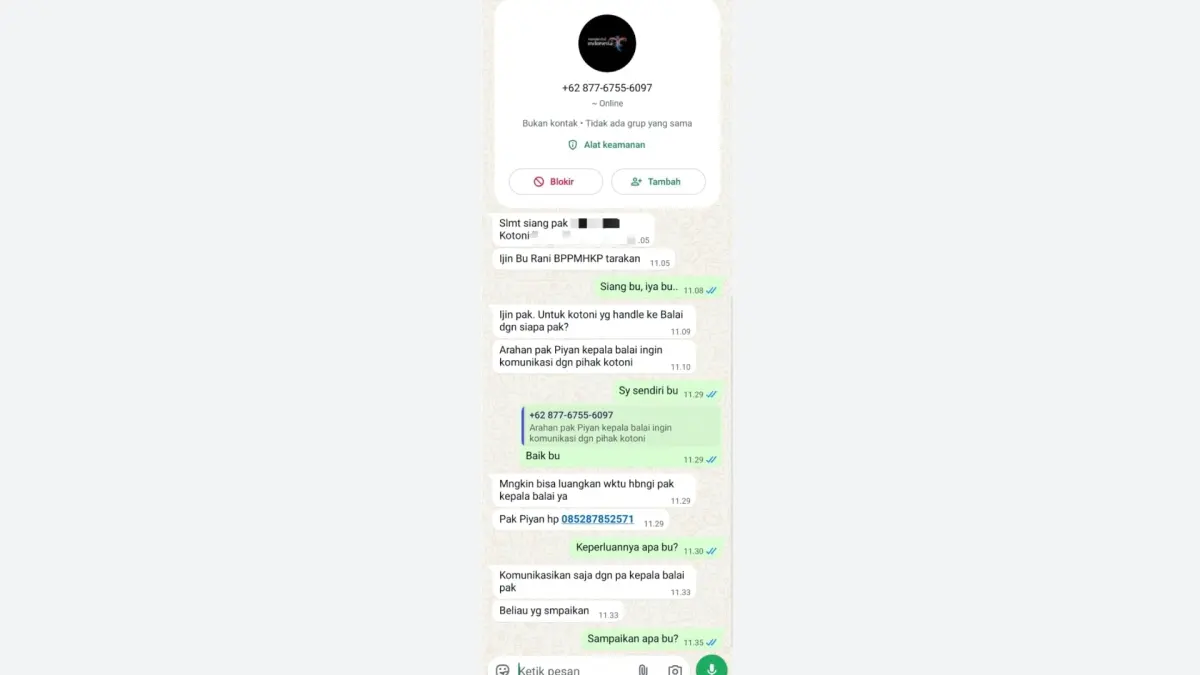 BUKTI PERCAKAPAN: Tangkapan layar percakapan terduga penipu yang mencatut kepala BPPMHKP Tarakan bersama sejumlah pihak. (TANGKAPAN LAYAR WHATSAPP)