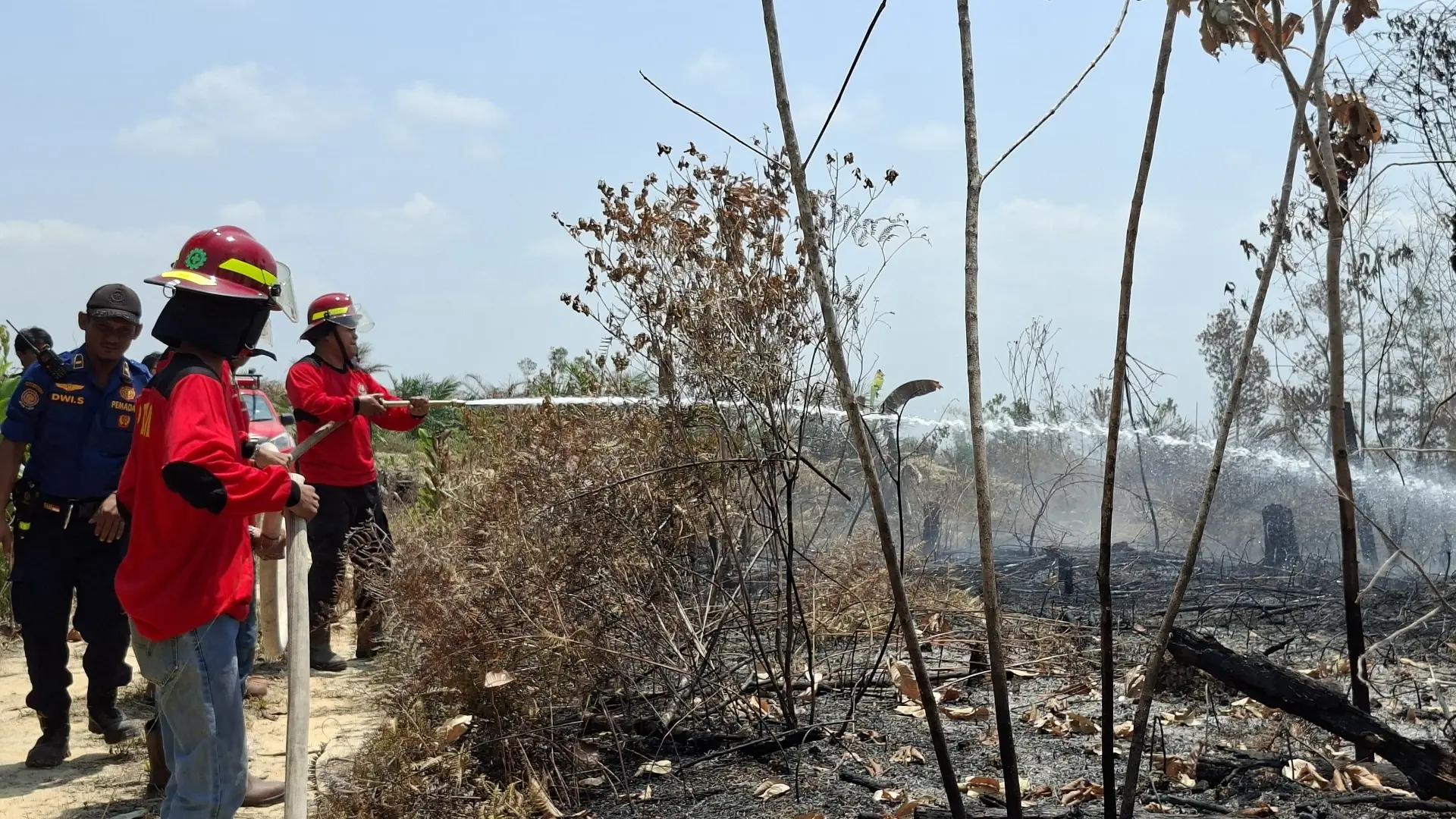 TERJUNKAN RAGAM BANTUAN: Dalam Dalkarhutla di kawasan Labanan, PT HSB turut menerjunkan ragam bantuan, mulai unit pemadaman, SDM, bahan makan hingga logistik seperti BBM. (SENO/BP)