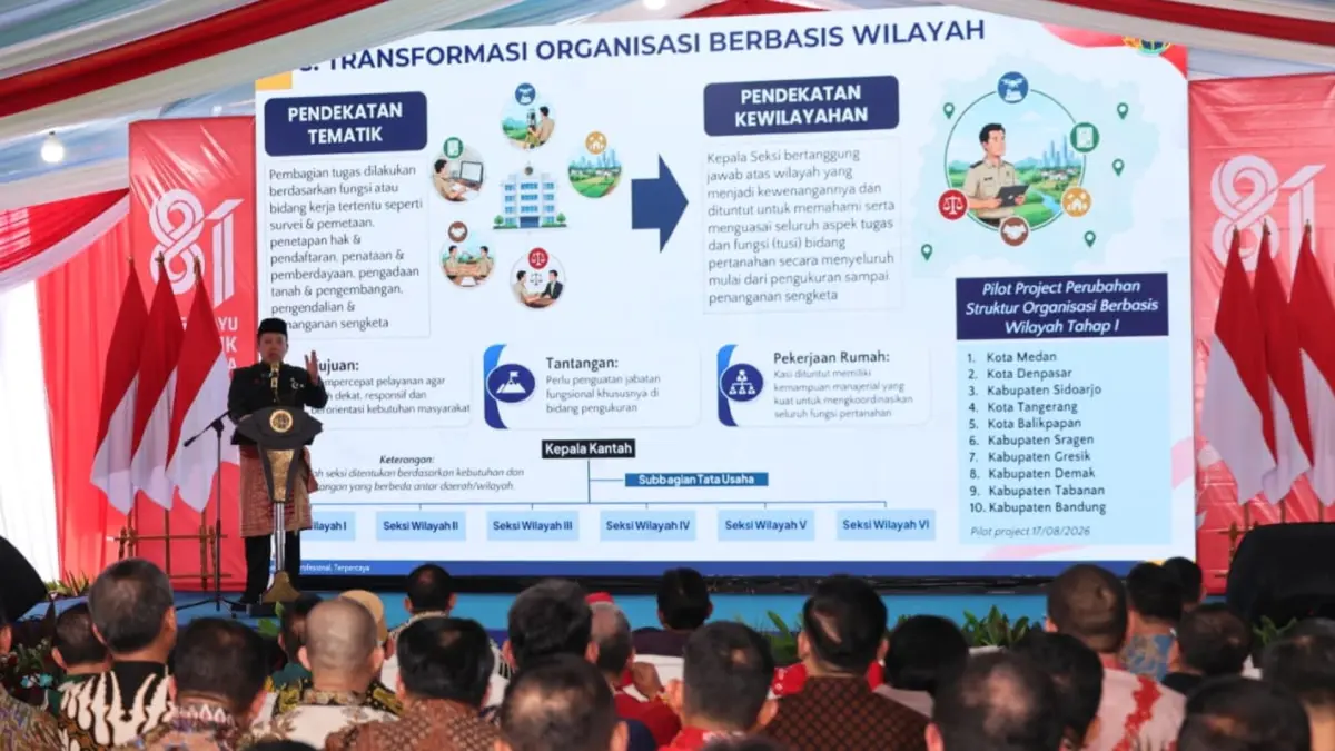 ORGANISASI BERBASIS WILAYAH: Kementerian ATR/BPN resmi menerapkan struktur organisasi Kantor Pertanahan berbasis wilayah mulai 17 Agustus 2026 guna menghadirkan pelayanan pertanahan yang lebih cepat, terintegrasi, dan responsif.