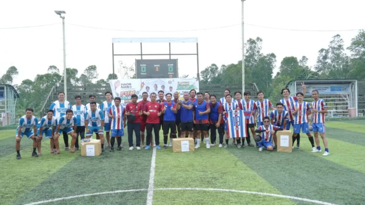 LAGA FINAL: Pertemuan DKISP versus Satpol PP tersaji di laga final Turnamen Minisoccer Antar Perangkat Daerah memperingati Haornas 2026. (DKISP KALTARA)