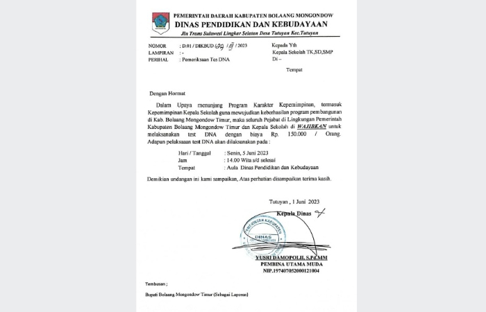 Surat edaran dinas pendidikan dan kebudayaan D.01/DIKBUD/29/III/2023 perihal Tes DNA.