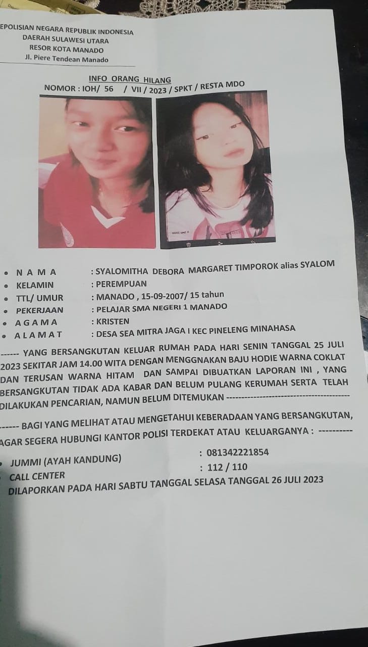 Foto anak perempuan bernama Syalomitha Timporok yang dilaporkan hilang, diterbitkan oleh Polresta Manado