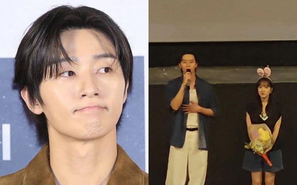 Park Seo Joon dan&nbsp;Park Bo Young dalam acara promosi film &lsquo;Concrete Utopia&rsquo;. Tempat terjadinya insiden bando.