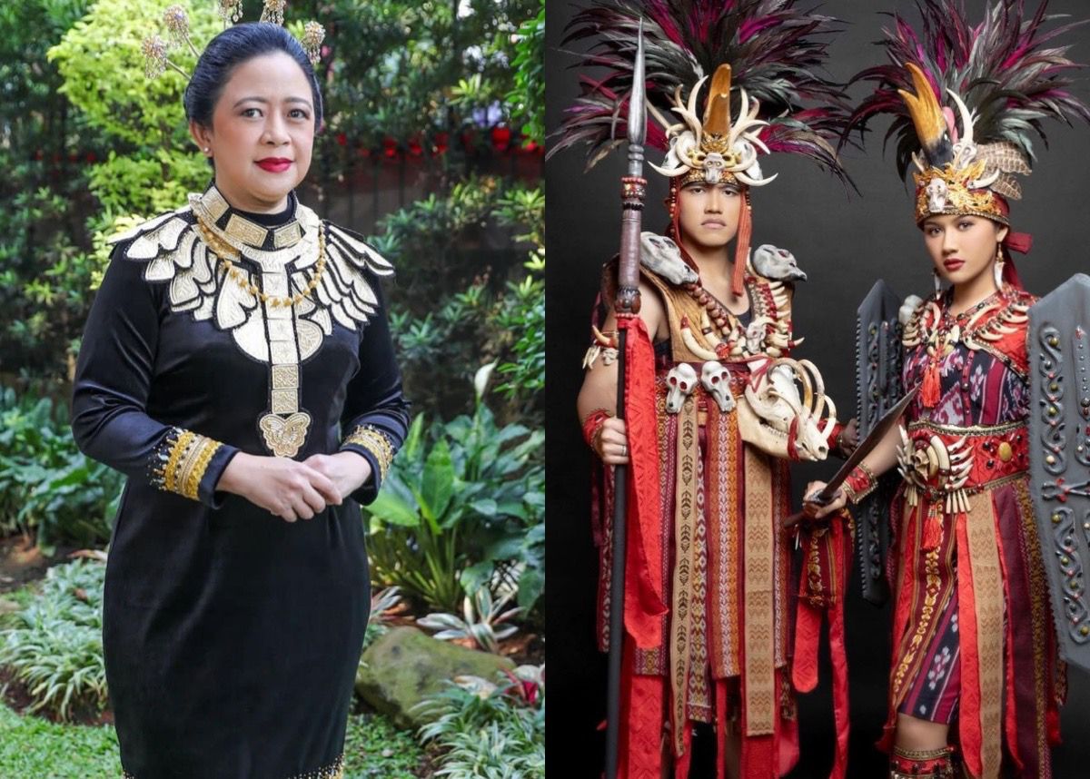 Puan Maharani dengan baju adat Bolmong. Kaesang dan Erina Gudono pakai baju ada Kawasaran Minahasa.