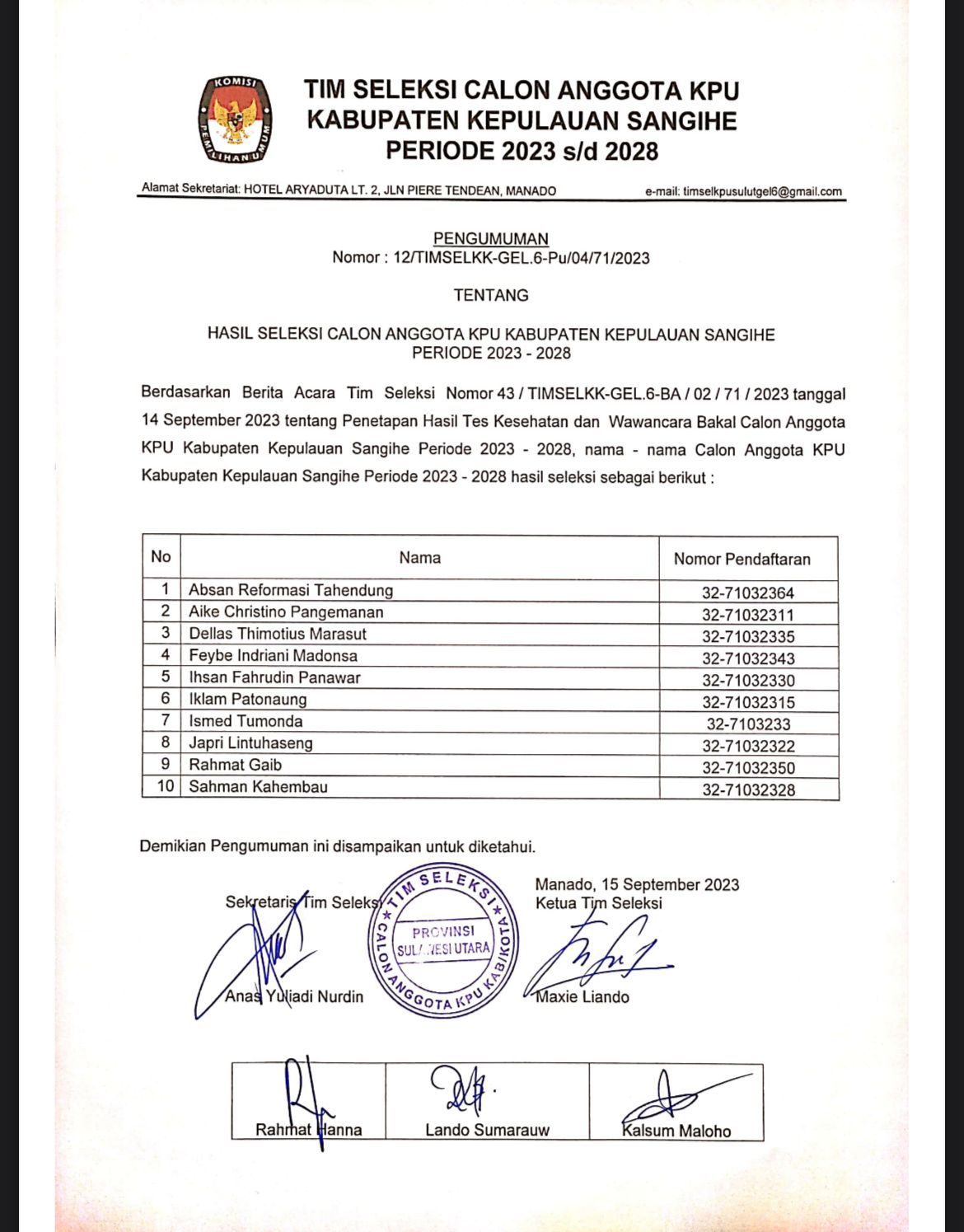 Hasil Seleksi Wawancara dan Tes Kesehatan Calon Anggota KPU Sangihe.