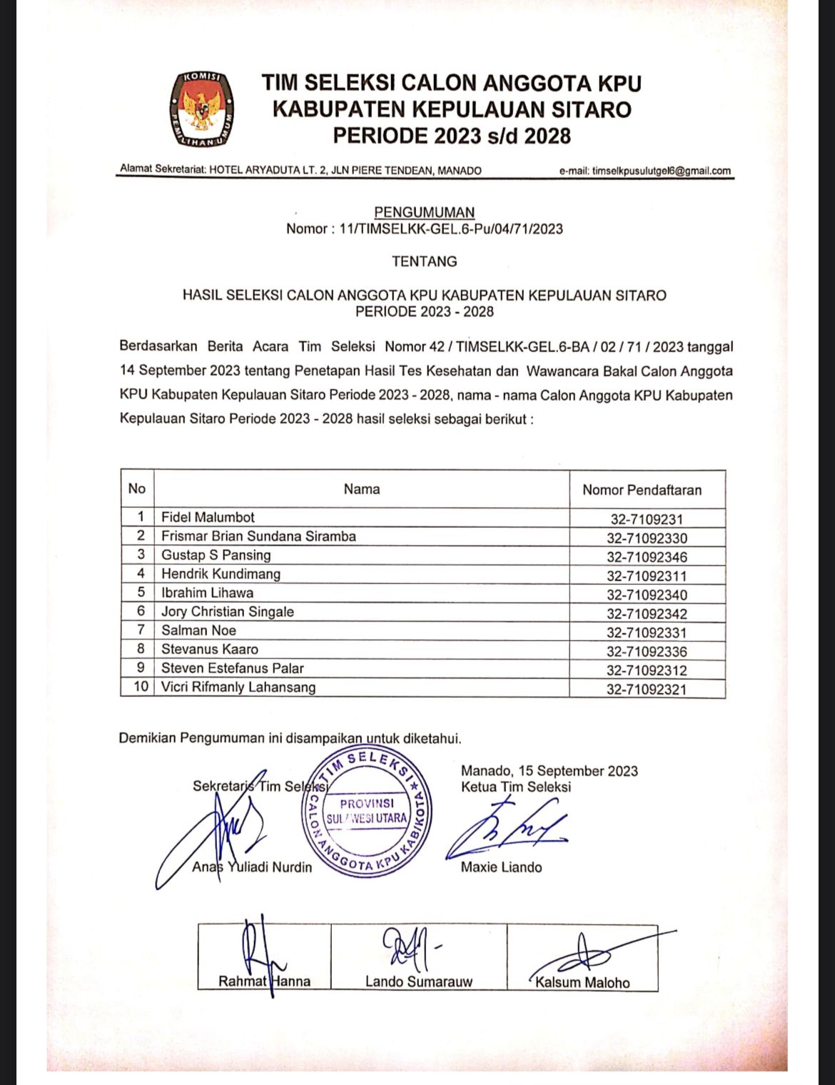 Hasil Seleksi Wawancara dan Tes Kesehatan Calon Anggota KPU Sitaro.