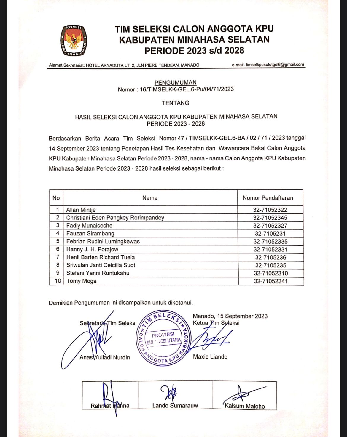 Hasil tes wawancara dan kesehatan calon anggota KPU Minahasa Selatan.