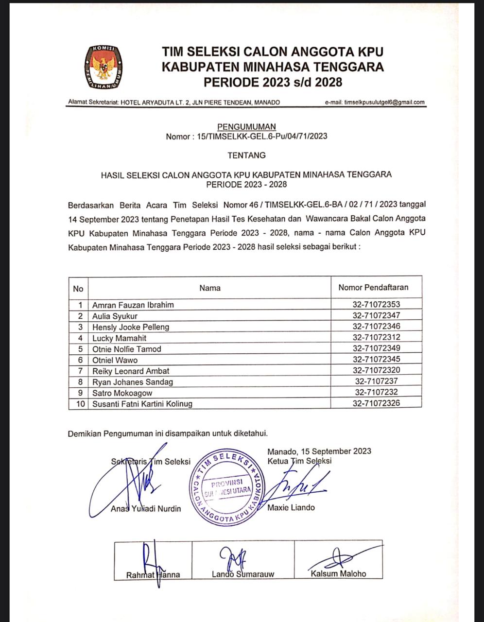 Hasil Seleksi Wawancara dan Tes Kesehatan Calon Anggota KPU Minahasa Tenggara.