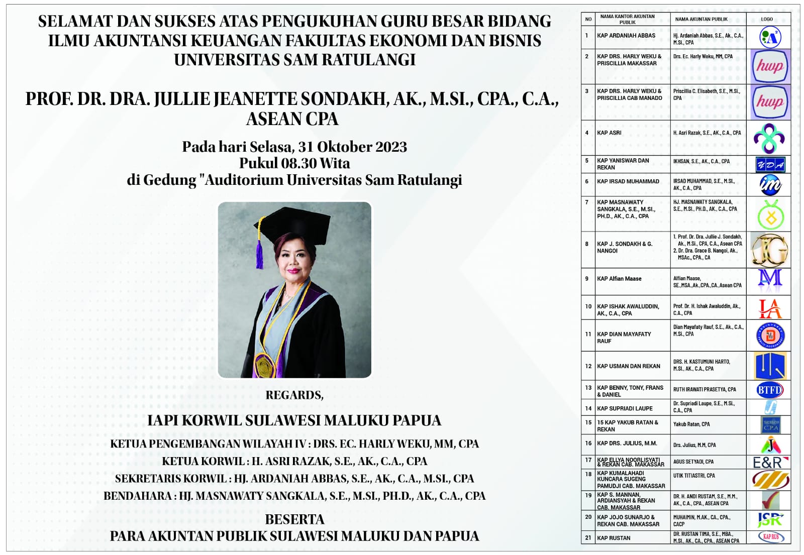 Pengukuhan Prof Dr Dra Jullie Jeanette Sondakh Ak MSi CPA CA ASEAN CPA mendapatkan ucapan selamat dari Institut Akuntan Publik Indonesia (IAPI) Korwil Sulawesi, Maluku, Papua.