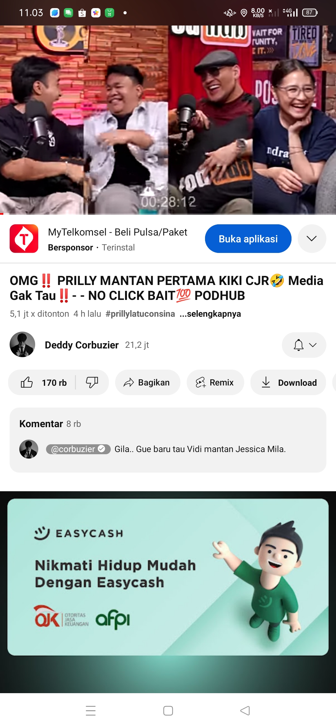 Prilly Latuconsina bersama Kiky Coboy Jr dan Vidi Aldiano dalam podcast PodHub di Kanal Youtube Deddy Corbuzier.