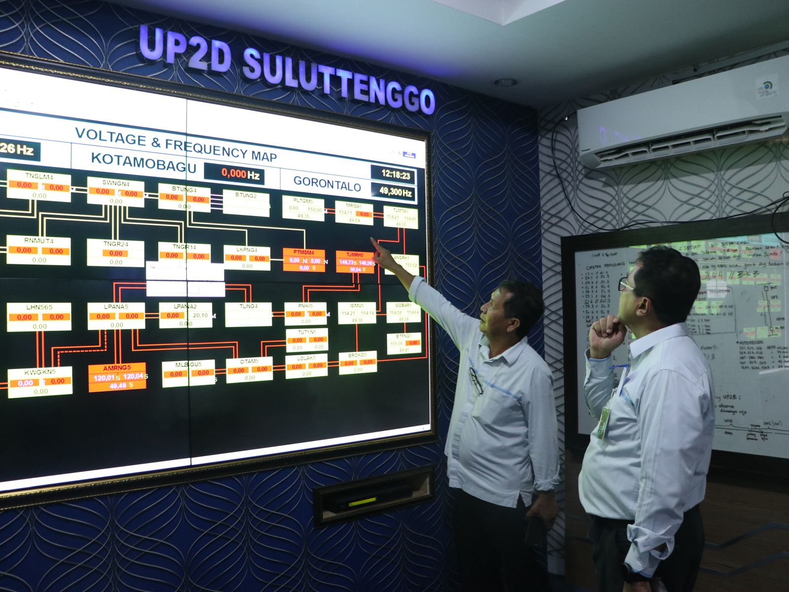 General Manager PLN UID Suluttenggo, Ari Dartomo saat memantau sistem kelistrikan di Monitor SCADA PLN UP2D Suluttenggo.