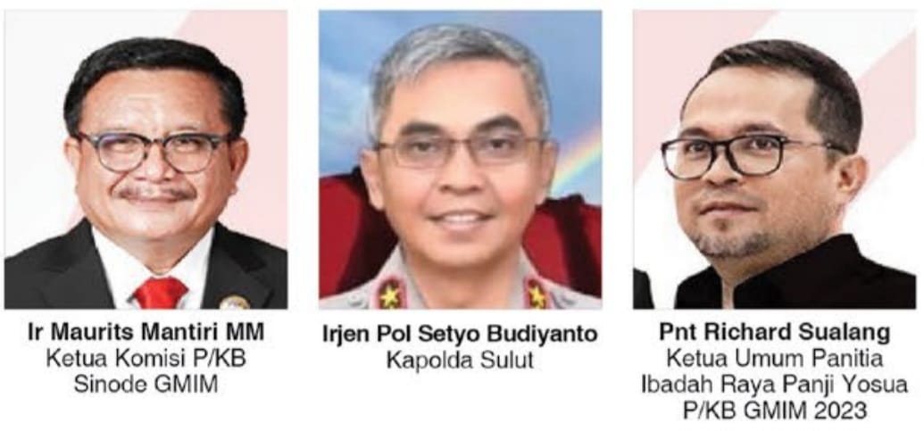 SINERGITAS: (dari kiri) Ketua Komisi P/KB Sinode GMIM Pnt Ir Maurits Mantiri MM, Kapolda Sulut Irjen Pol Setyo Budiyanto, Ketua Umum Panitia Ibadah Raya Panji Yosua P/KB GMIM 2023 Pnt Richard Sualang.