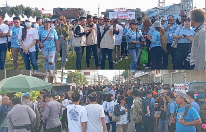 Tampak jalan-jalan di Langowan mulai dipadati para simpatisan yang berbondong-bondong datang ke Lapangan Schwarz, Langowan Sulawesi Utara untuk bertemu langsung Calon Presiden Prabowo Subianto.