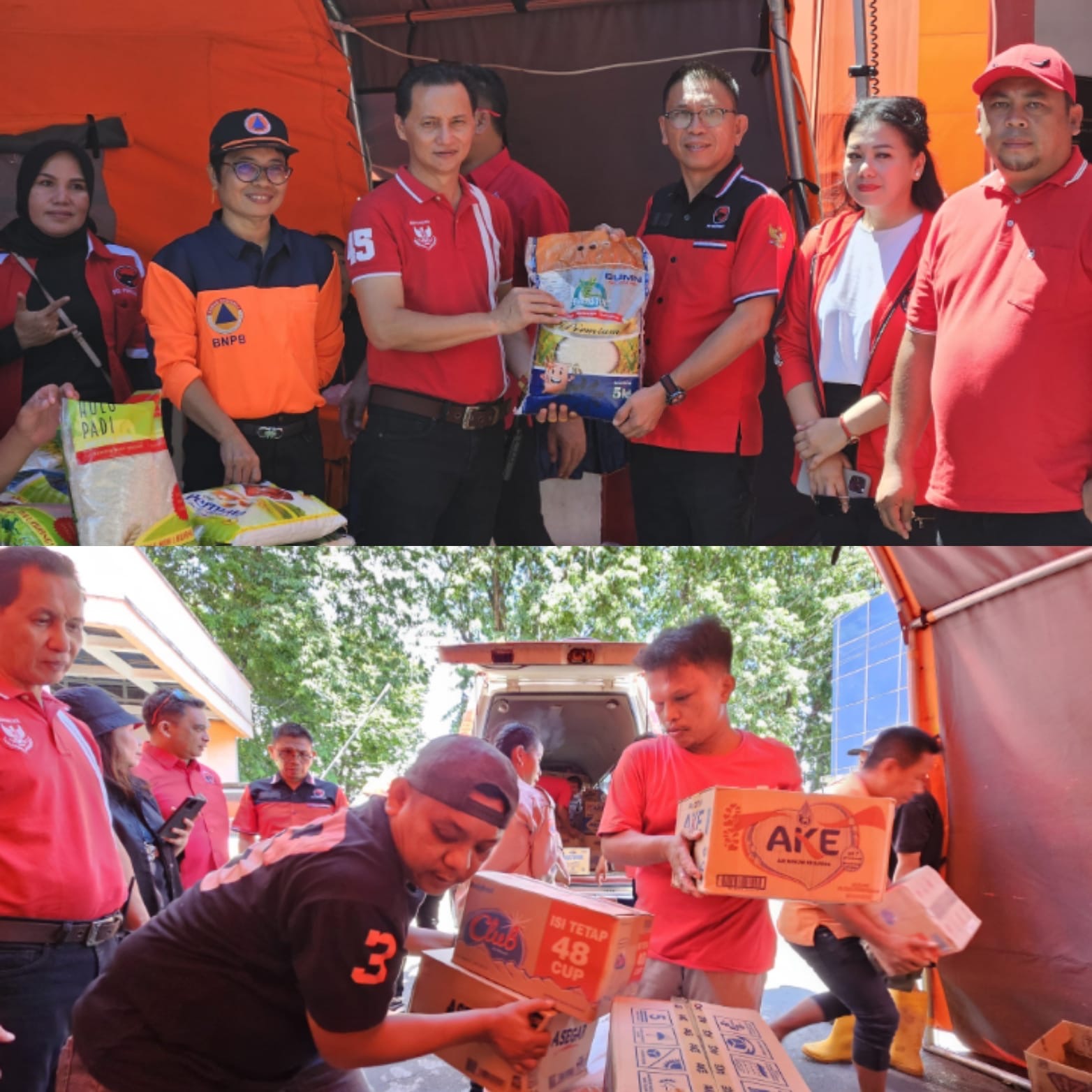 Penyerahan bantuan dari DPC PDIP Manado ke Posko Tanggap Darurat di Kota Bitung, Sabtu (13/4).