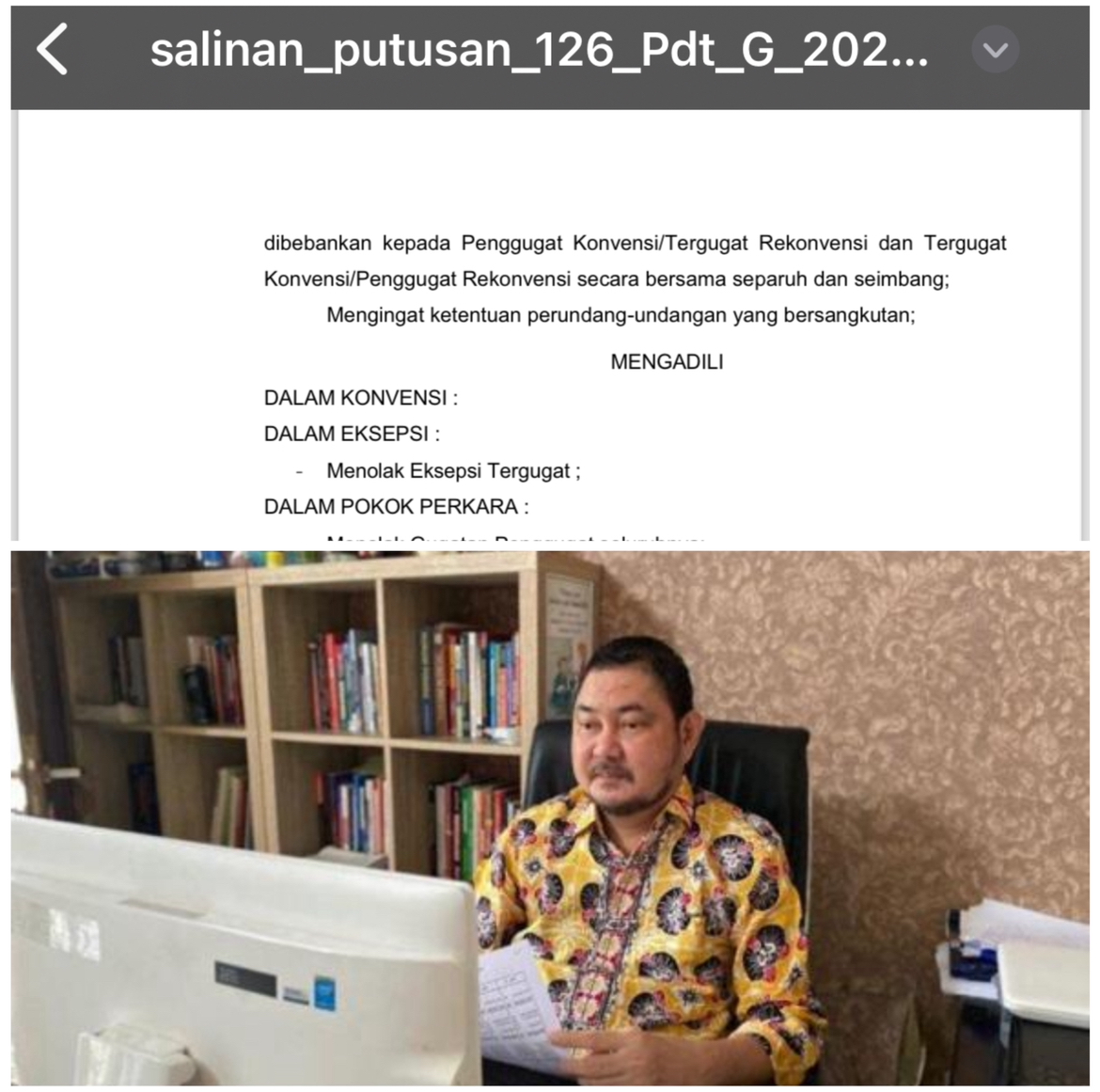 Billy B. Matindas, SH, MH., CRA, Kuasa Hukum Keluarga Tampi. Foto Inzert: Salinan Putusan