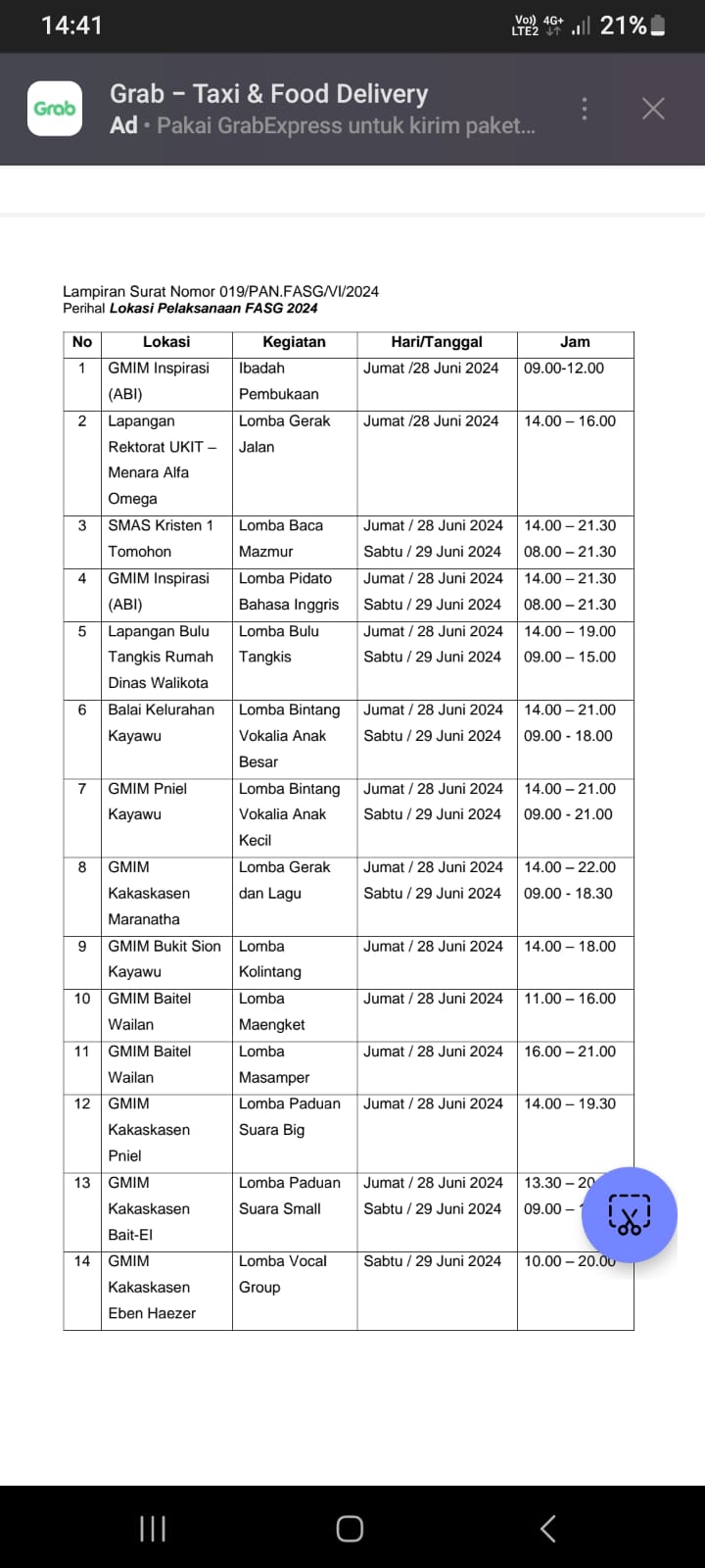 Tangkapan layar jadwal dan lokasi pelaksanaan Lomba FAS Sinode GMIM Tahun 2024. Dok istimewa