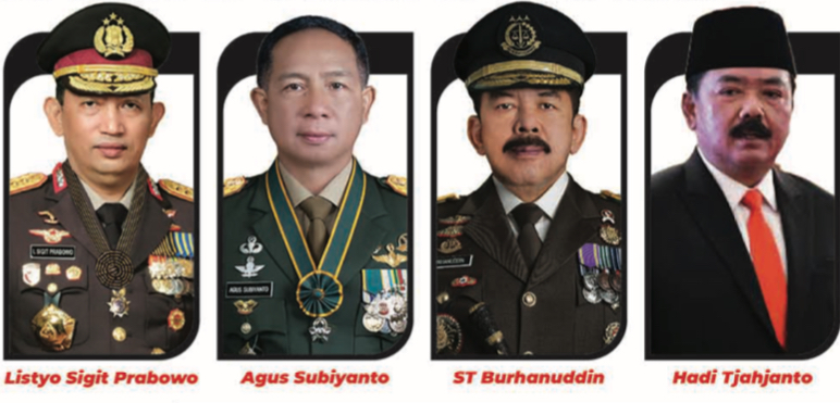 Kiri-kanan: Kapolri Listyo Sigit Prabowo, Panglima TNI Agus Subiyanto, Jaksa Agung ST Burhanuddin, Menkopolhukam Hadi Tjahjanto