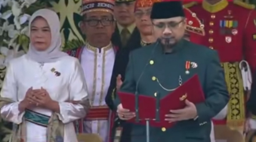 Menag) Yaqut Cholil Qoumas, saat bacakan doa di HUT RI ke 79 di IKN, Sabtu (17/8)