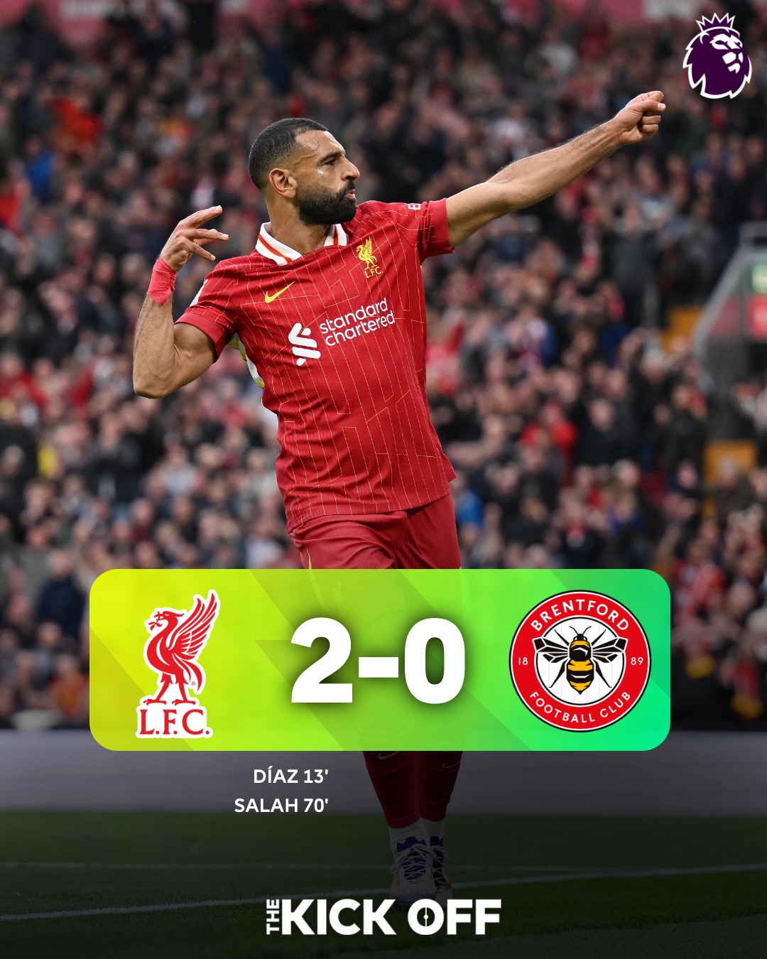 Pemain Liverpool Mohamed Salah merayakan keberhasilan mencetak gol pada pertandingan pekan kedua Liga Inggris kontra Brentford di Stadion Anfield (Foto: Fb @Premier League)