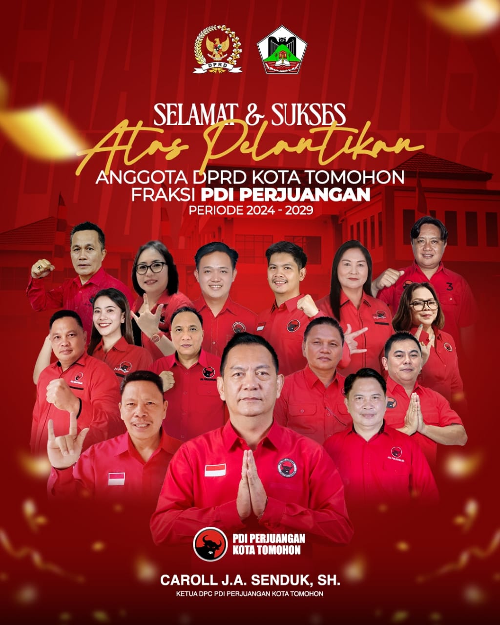 Jajaran Pengurus DPC PDIP Tomohon bersama para kader terpilih sebagai Anggota DPRD Kota Tomohon masa jabatan 2024-2029. Dok istimewa