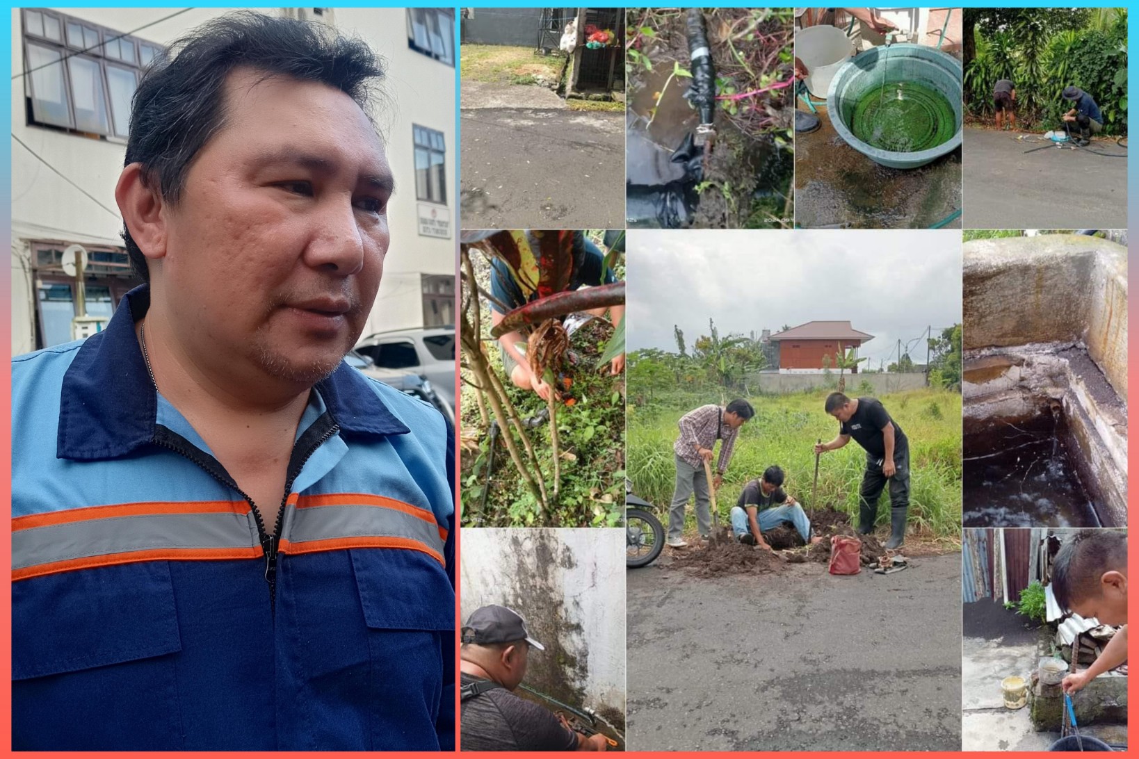 Direktur PDAM Tomohon Adrian Ngenget, foto lain; tampak tim penanganan gangguan PDAM Tomohon tengah melakukan penanganan keluhan dari pelanggan. Dok istimewa