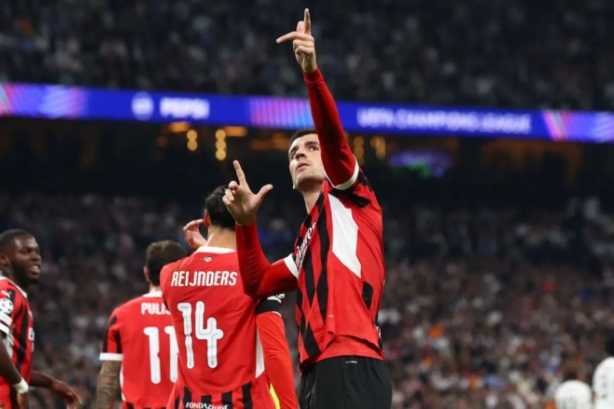 Selebrasi Alvaro Morata setelah mencetak gol untuk AC Milan dalam pertandingan Liga Champions 2024/25 lawan Real Madrid di Santiago Bernabeu pada Rabu (6/11/2024). ANTARA/ACMilan