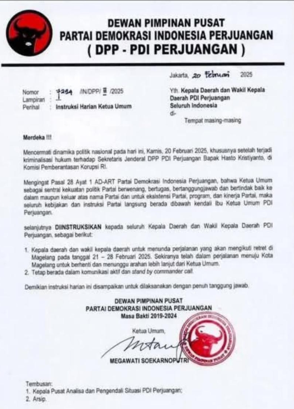 Surat instruksi DPP PDIP