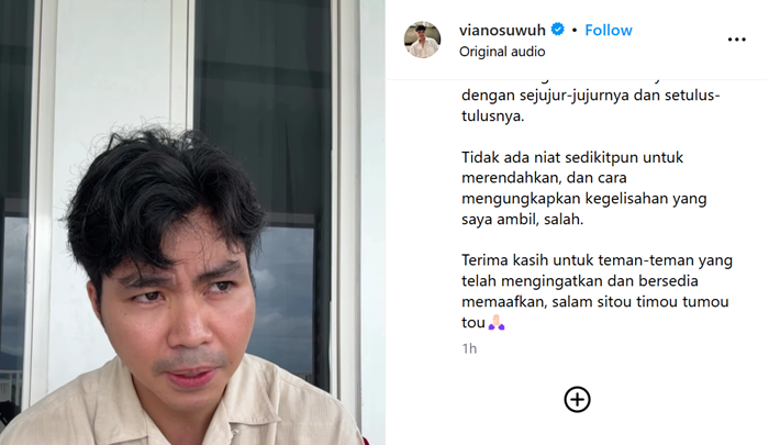 Setelah banjir kecaman, Viano Suwuh membuat video klarifikasi dan permintaan maaf.