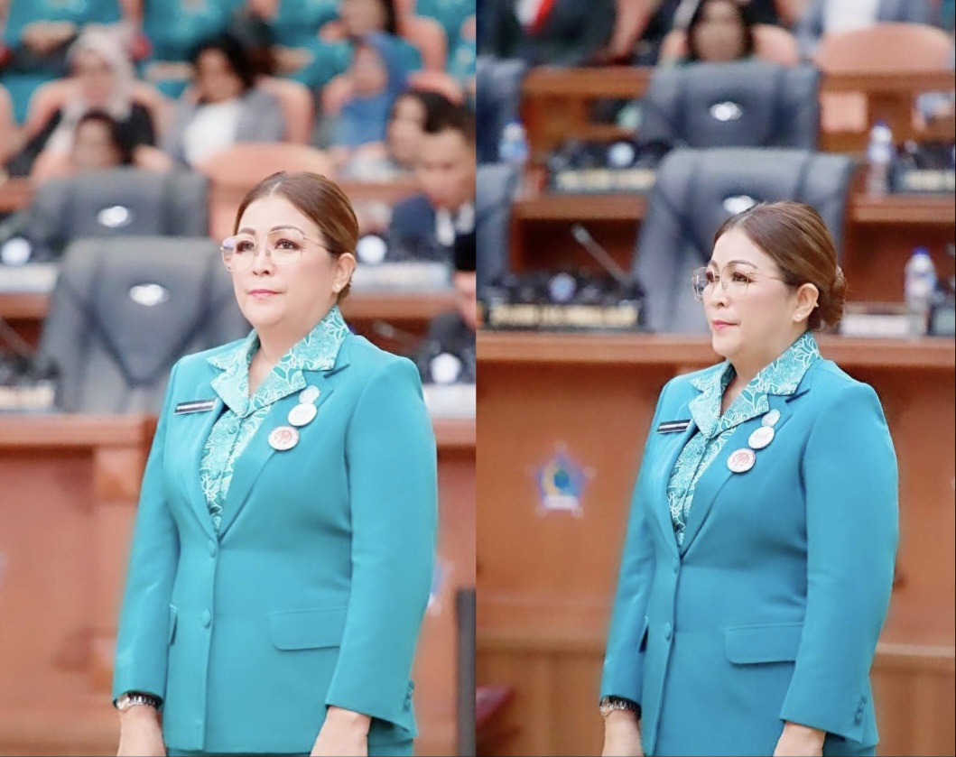 DILANTIK: Ketua TP PKK Minahasa Martina Dondokambey Lengkong tampil menawan dalam pelantikan yang digelar, Selasa (4/3/2025) di Kantor DPRD Sulut.