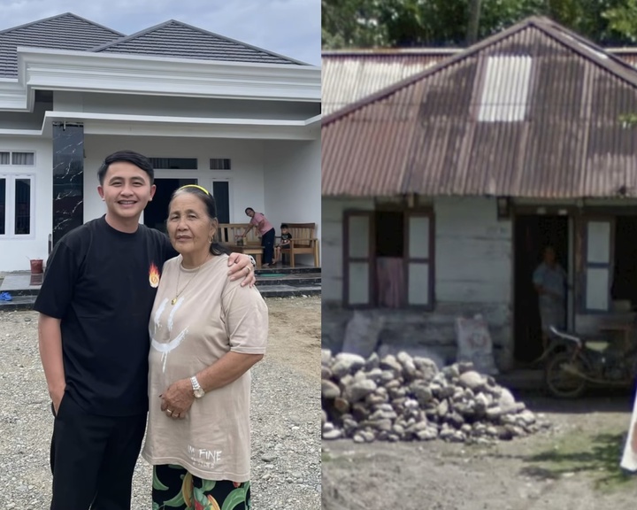Rivel Sumigar bersama sang ibu, foto kanan: kondisi rumah keluarga sebelum sukses sekarang.