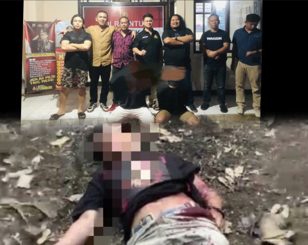 LANGOWAN BERDARAH: Kedua pelaku saat diamankan Resmob Polres Minahasa, Minggu (6/4/2025).