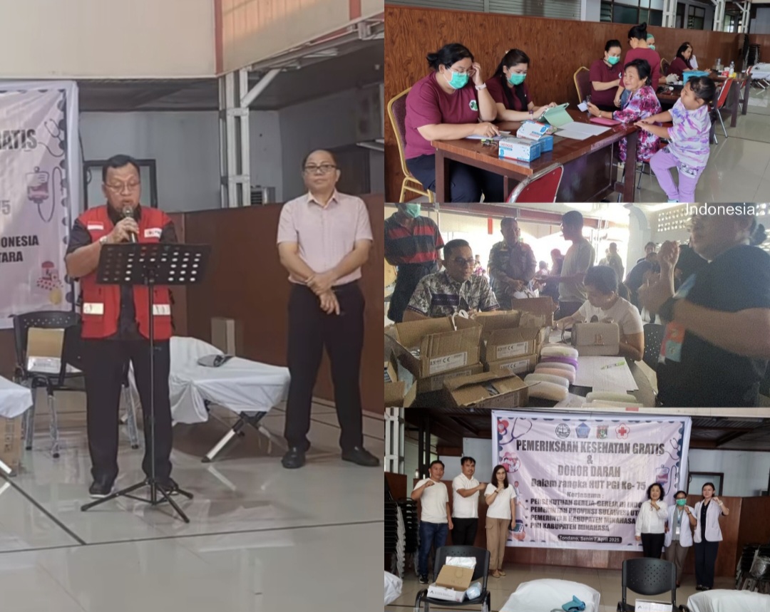 AKSI SOSIAL: Layanan pemeriksaan kesehatan gratis dan donor darah digelar PGI di Rudis Bupati Minahasa, Senin (7/4/2025).