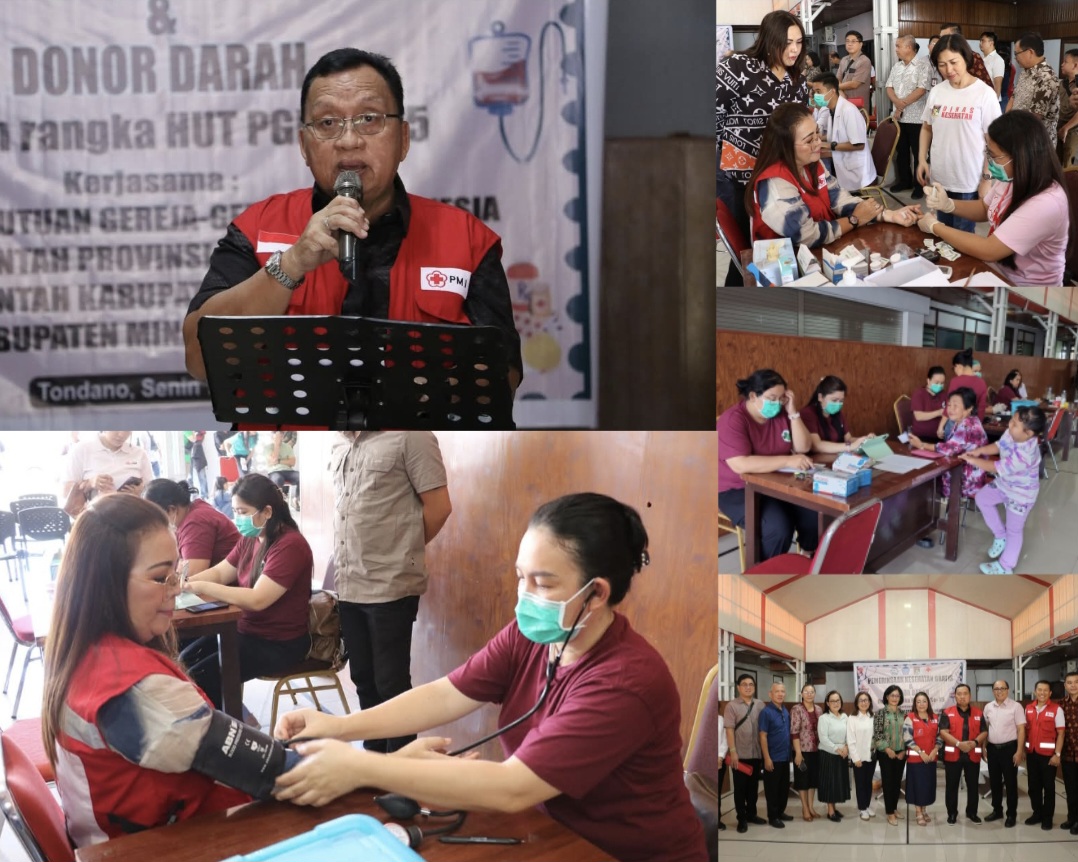 AKSI SOSIAL: Bupati Minahasa Robby Dondokambey membuka giat aksi sosial PGI. Foto lain, Ketua TP PKK Martina Lengkong saat memeriksa kesehatan, Senin (7/4/2025) di Rudis Bupati Minahasa.