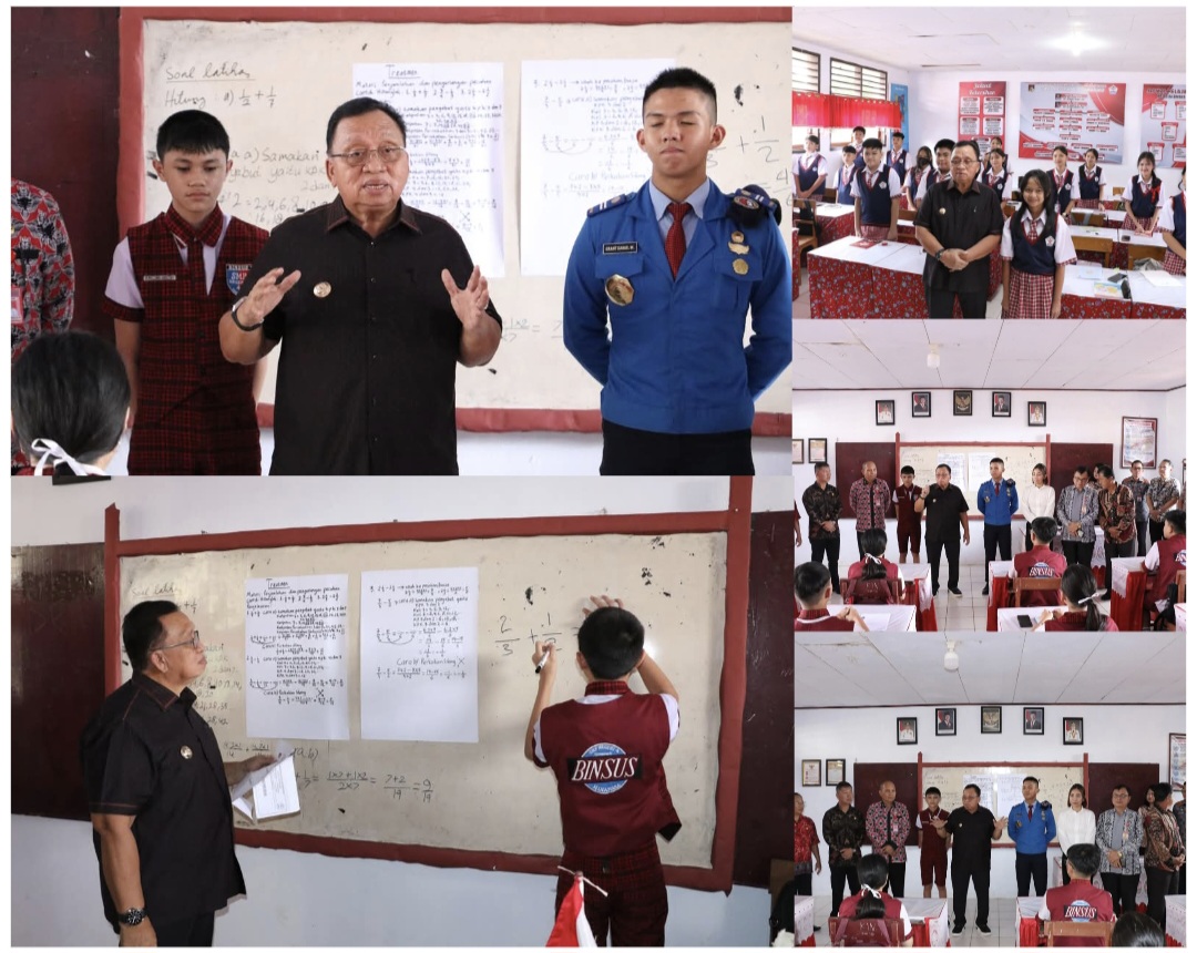 BAKAR SEMANGAT: Bupati Robby Dondokambey selain mengecek kemampuan siswa turut membakar semangat siswa-siswi menyambut SMA Taruna Nusantara, Kamis (10/4/2025) di SMP N 4 Tondano.