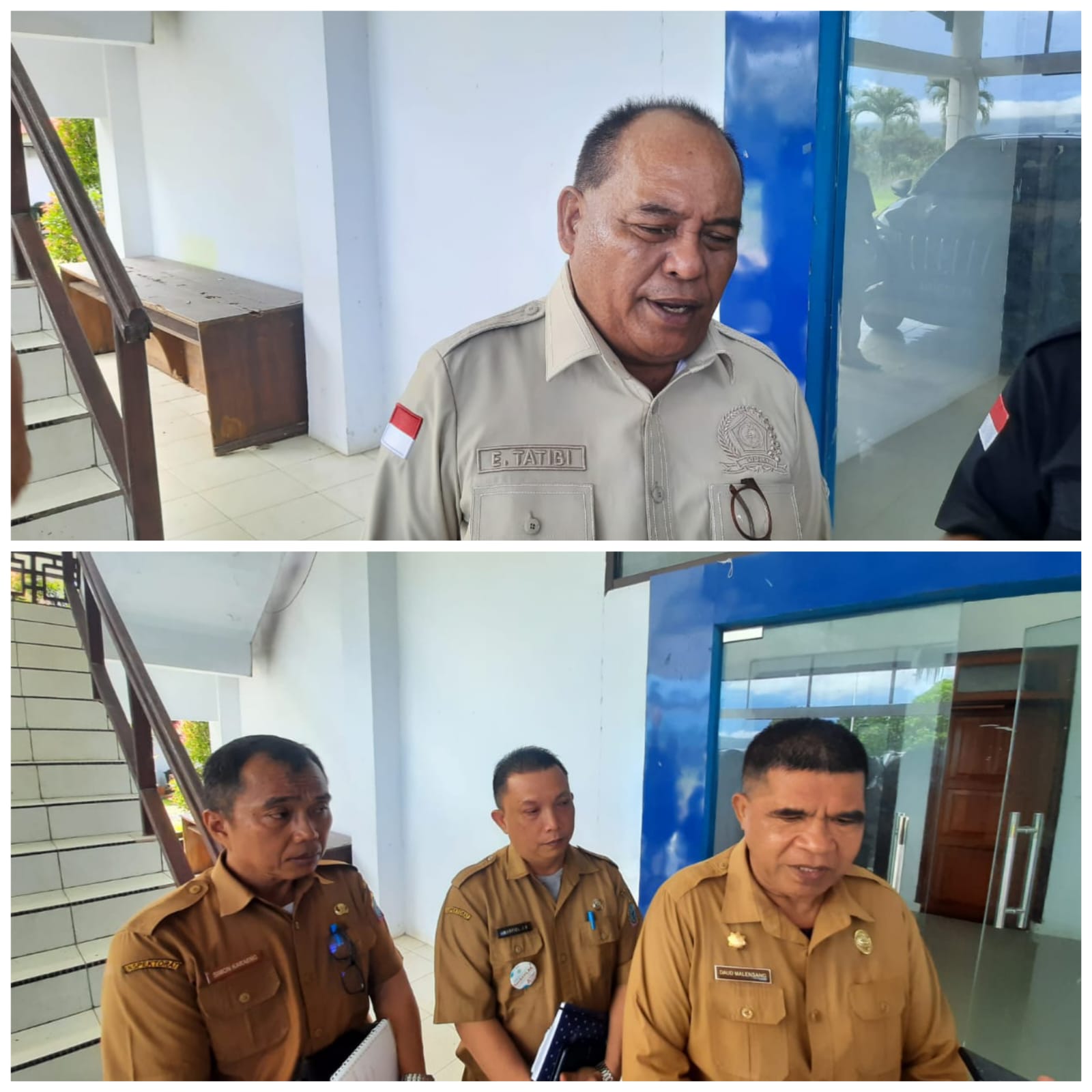 Ketua DPRD Talaud Engelbertus Tatibi dan Asisten I Pemkab Talaud Daud Malensang saat diwawancarai usai rapat terkait membahas unjuk rasa yang dilakukan APDESI Talaud.